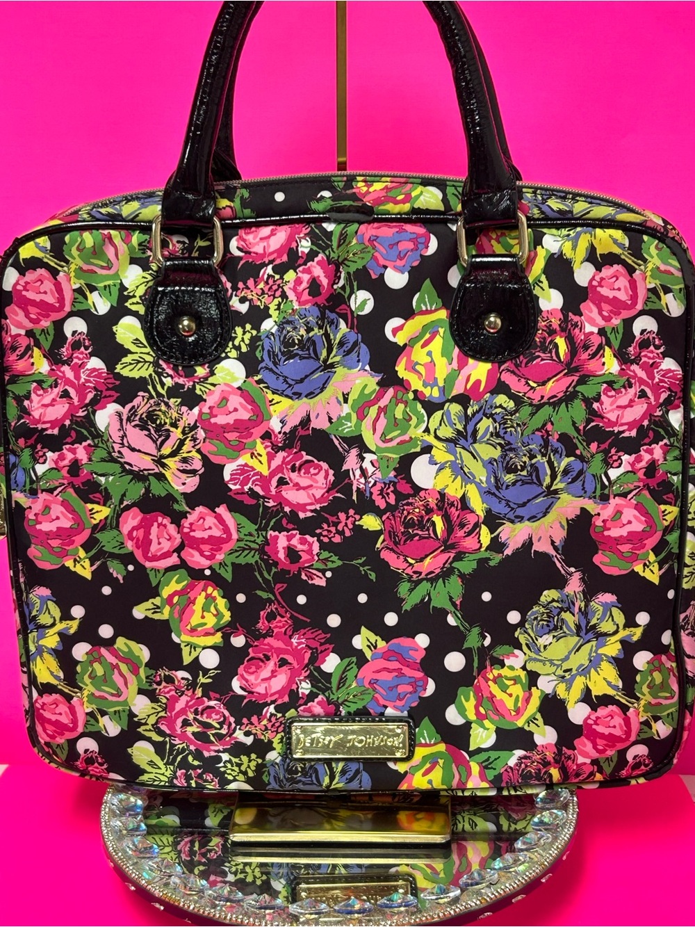 Betsey Johnson Black Floral Laptop Bag w/Pink/Green/Blue Accents 15 x 12.5 x 1.5